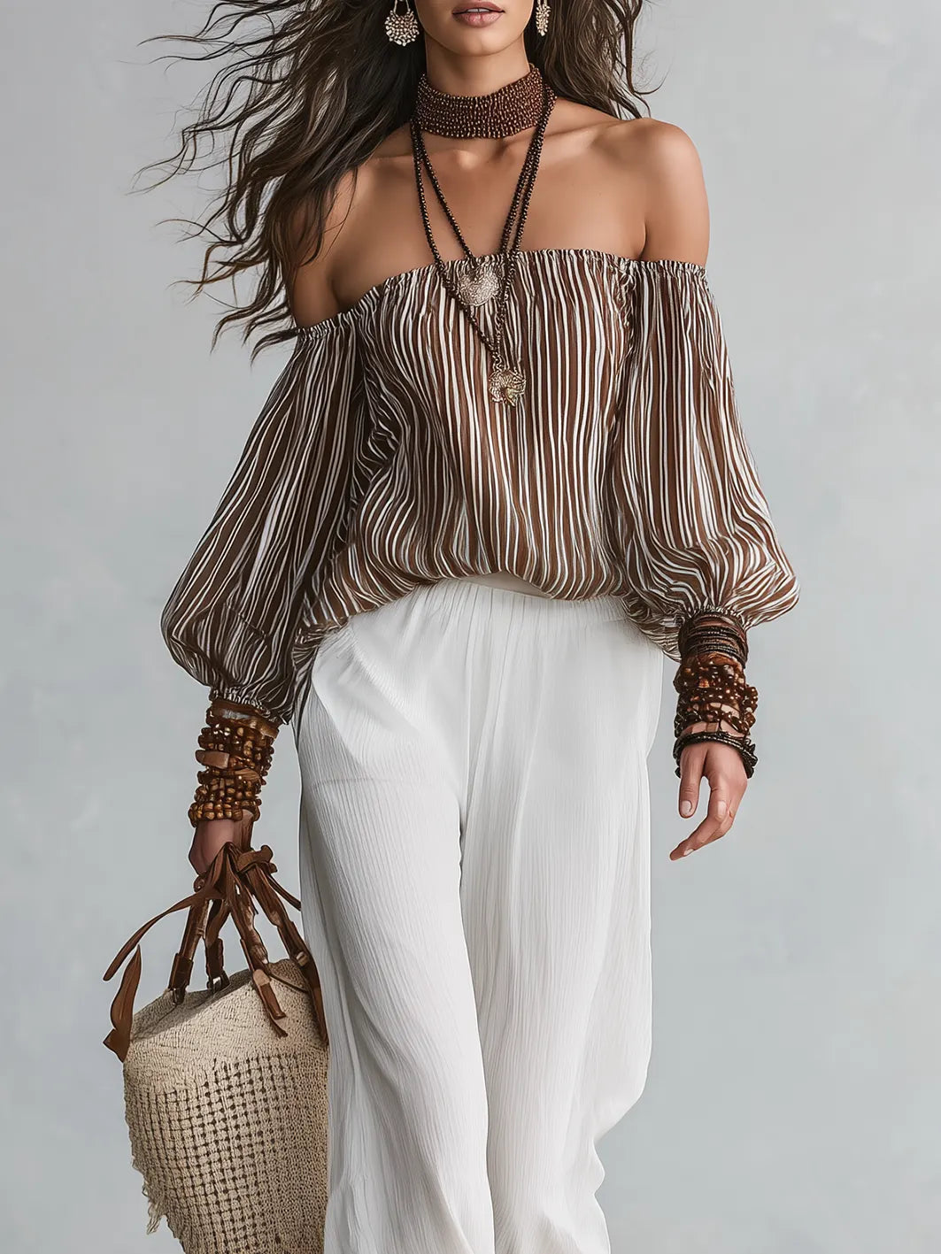 Bohemian Stripe Off-Shoulder Blouse & Wide-Leg Pants Set