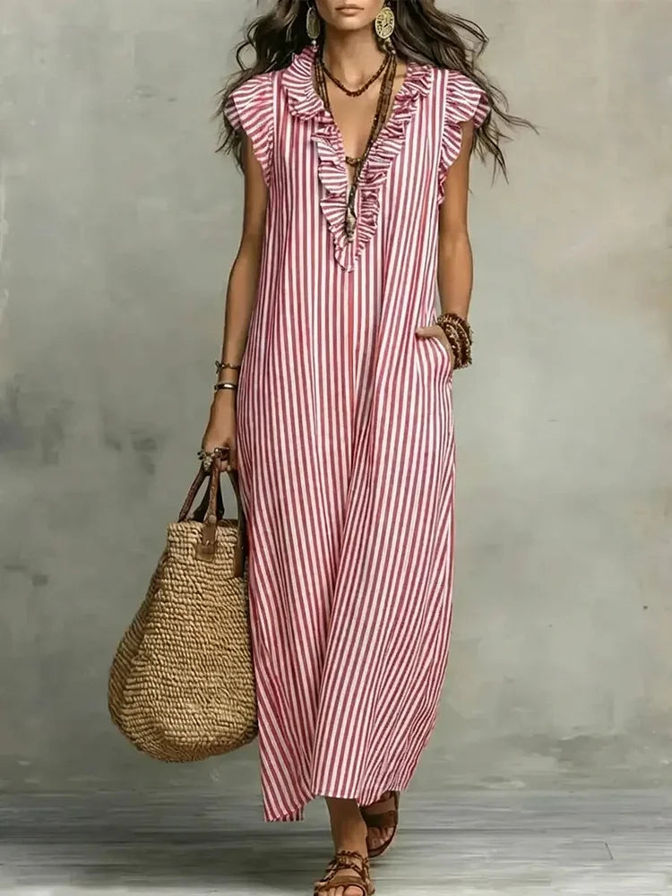 Women's Striped Art Print Casual Ruffled Stylish Cotton Linen Dress
