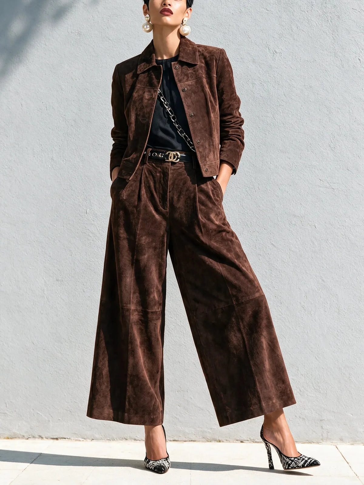 Dark Brown Faux-suede Jacket And Wide-leg Trousers Set