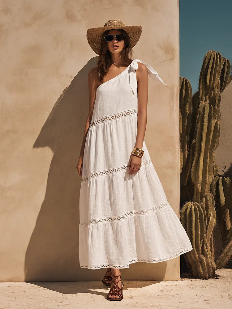 Bohemian One-Shoulder White Cotton-Linen Maxi Dress