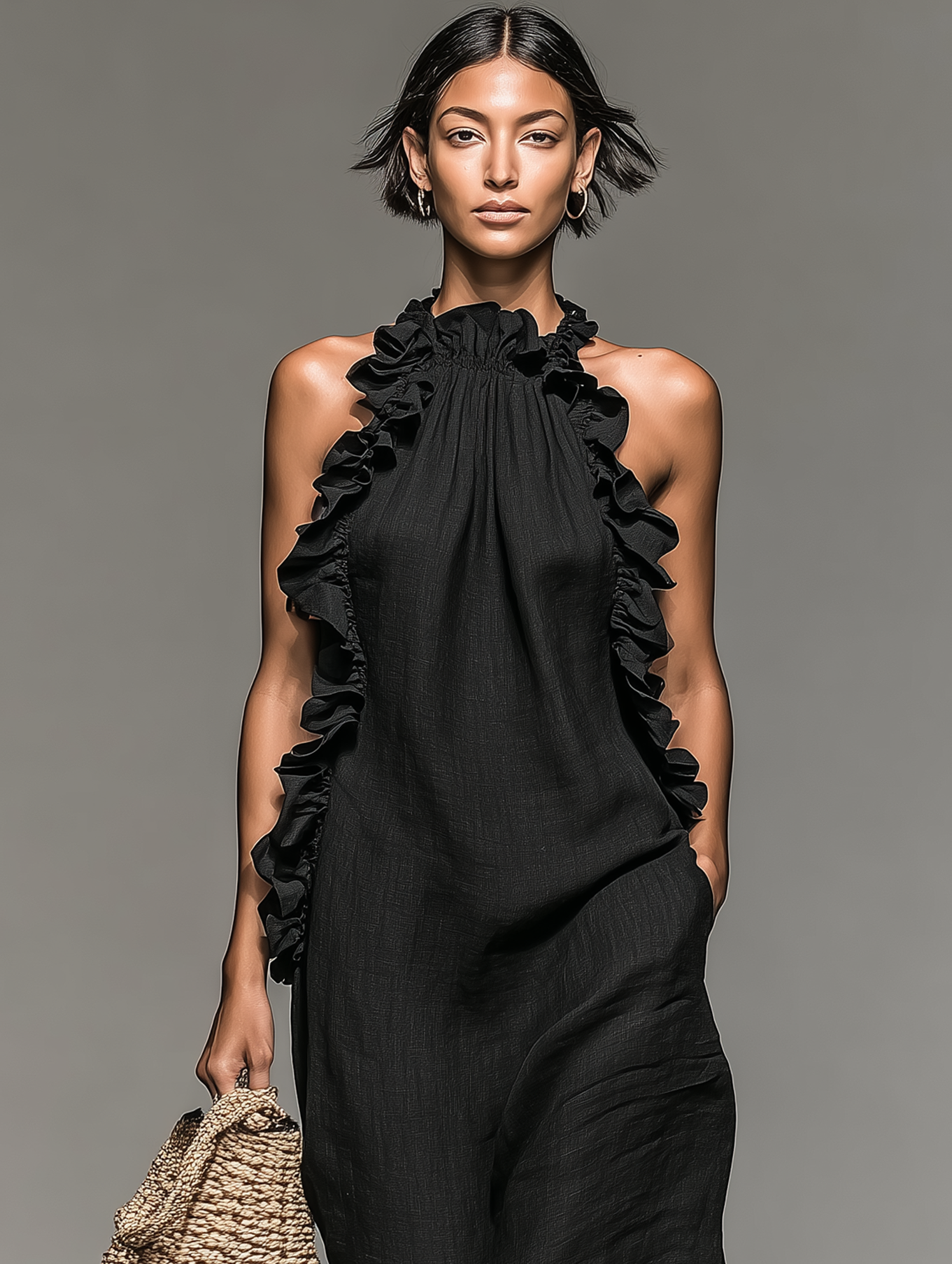 Women's Sleeveless Maxi Dress in Minimalist Linen Blend with Ruffle Details