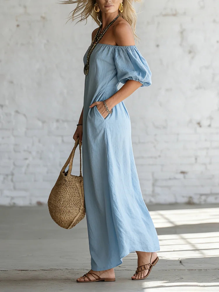 Elegant Minimalist Off-shoulder Linen Cotton Dress
