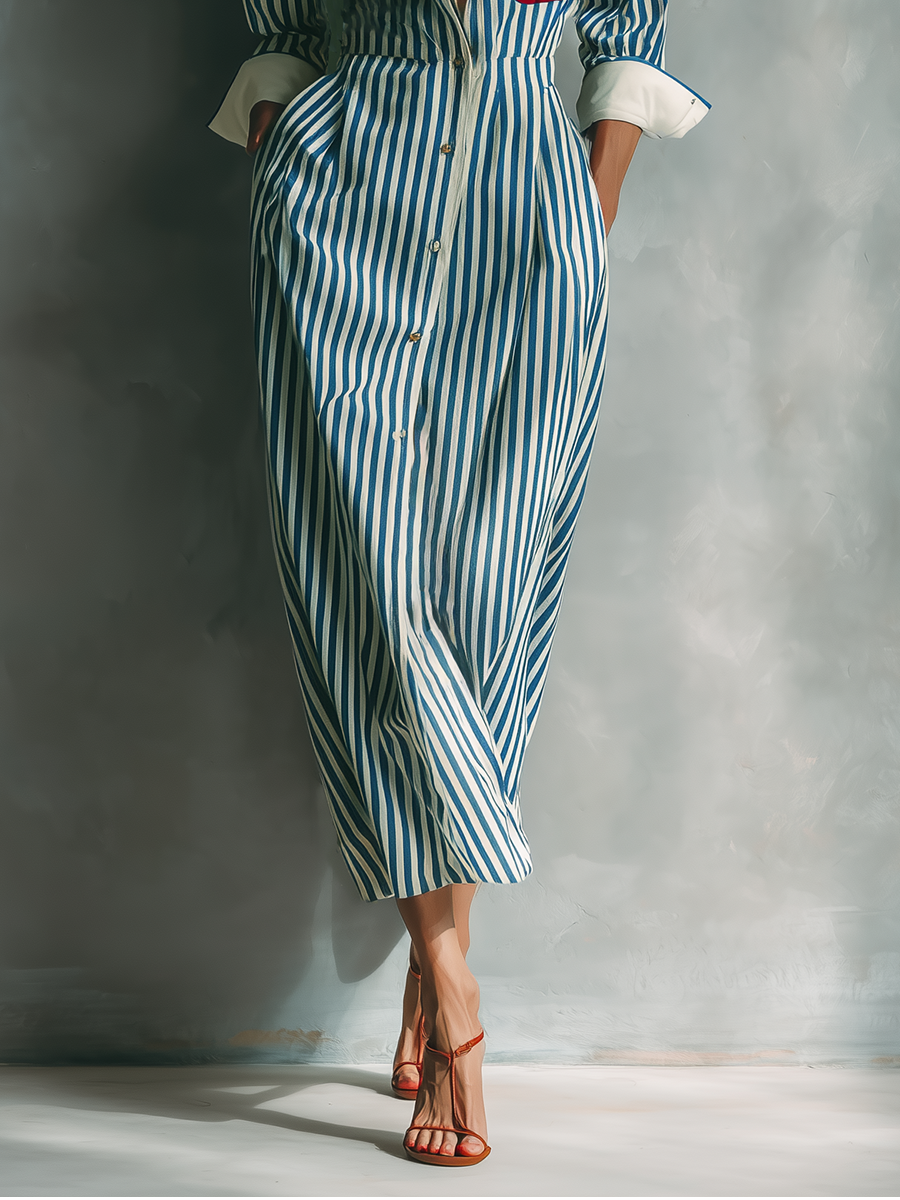 Women's Blue And White Cotton Striped Shirt Dress With Red Chest Pocket