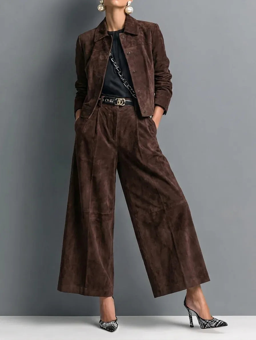 Dark Brown Faux-suede Jacket And Wide-leg Trousers Set