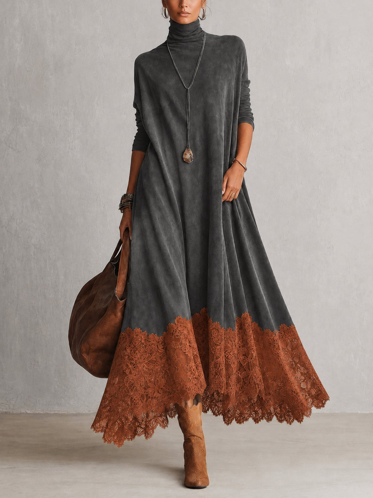 Maelis - Velvety Lace-Trim Maxi Dress