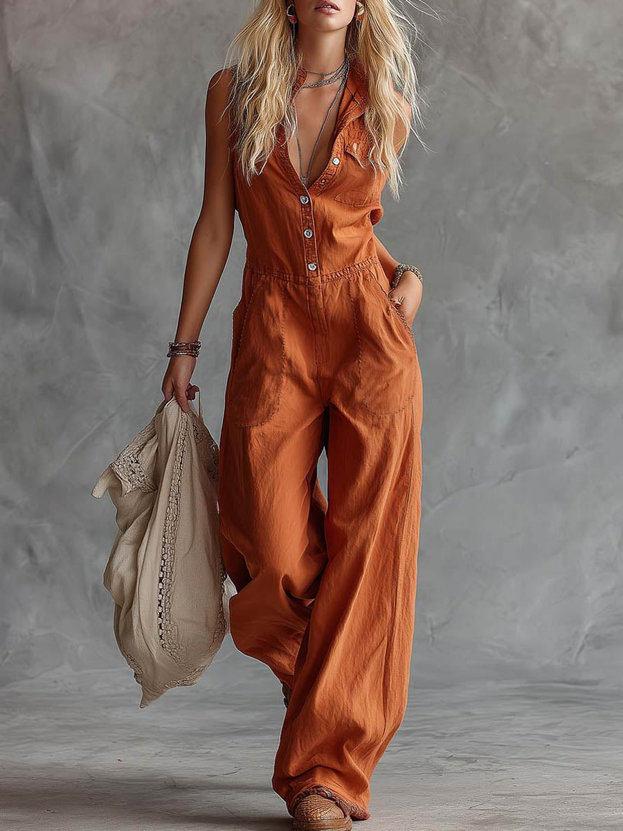 Neoma - Button Front Wide Leg Jumpsuit