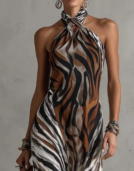 Stylish Halter Neck Sexy Animal Print Maxi Dress