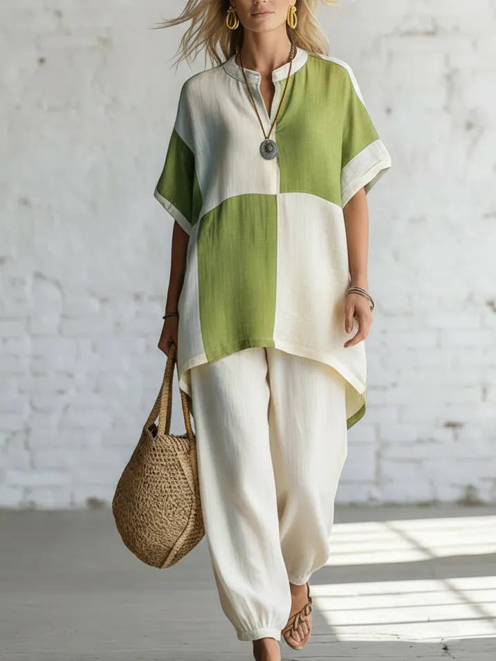 Artistic Color-block Patchwork Linen And Cotton Two-piece Set