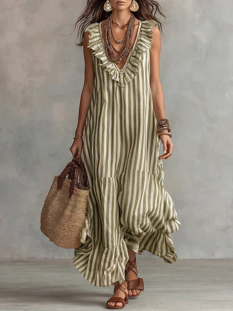 Retro Ruffled V-neck Striped Cotton-linen Dress