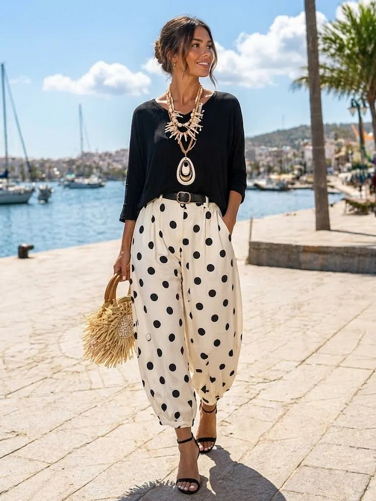 Loose And Comfortable Knitted Top And Polka-dot Cotton Pants Two-piece Set