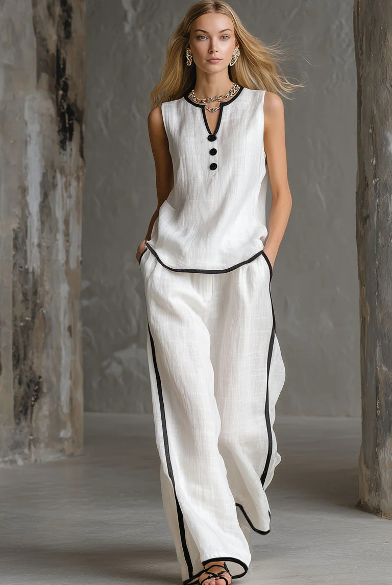 Loose-fitting Cotton-linen Color-blocked Sleeveless Top And Pants Set