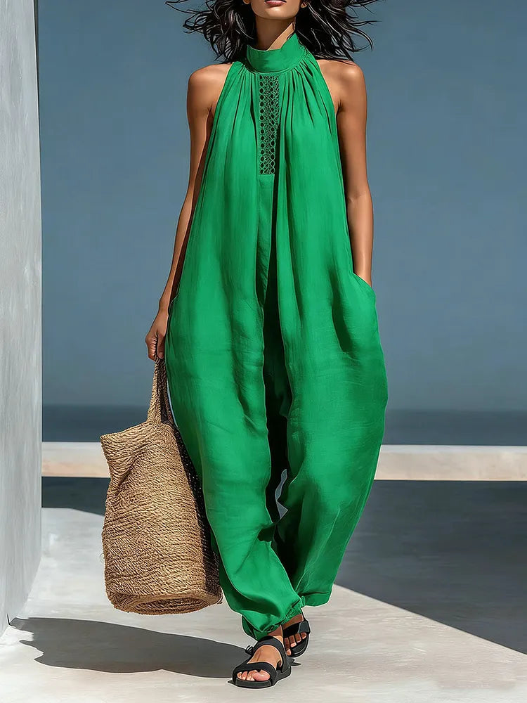 Women's Stand-up Collar Sleeveless Casual Loose Cotton And Linen Wide-leg Jumpsuit