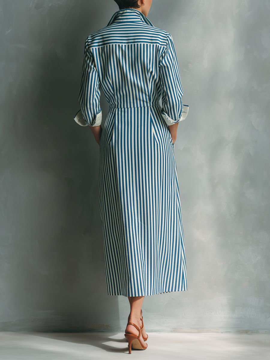 Women's Blue And White Cotton Striped Shirt Dress With Red Chest Pocket