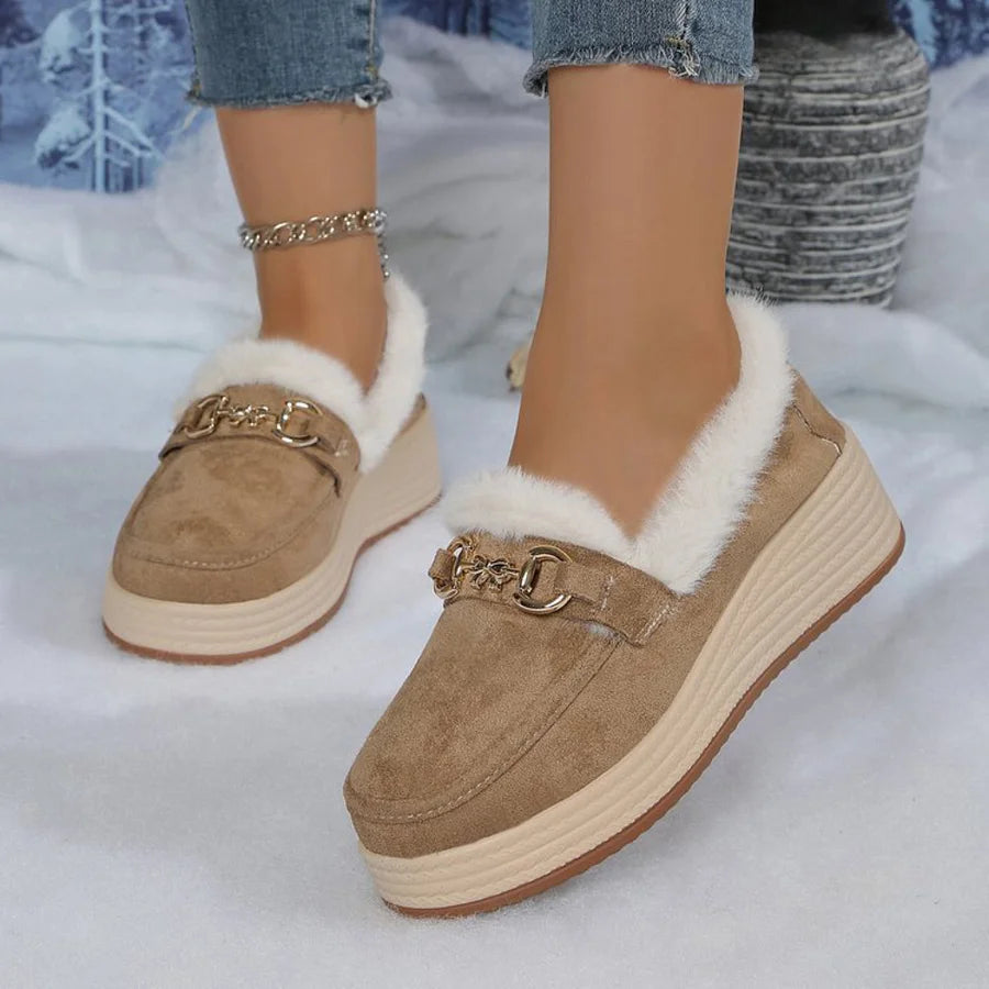 Horsebit Buckle Decor Thickened Plush Lined Fur Trim Slip On Wedge Loafers