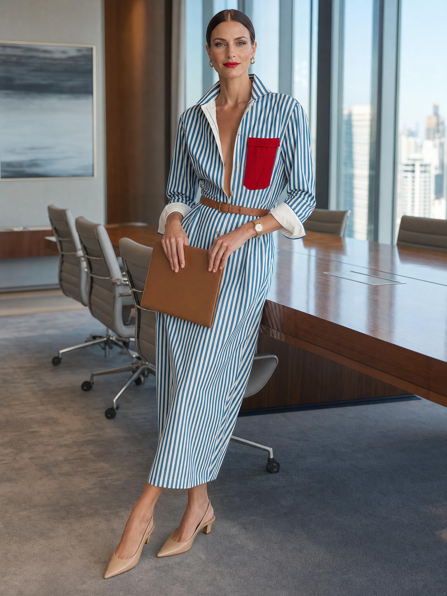 Women's Blue And White Cotton Striped Shirt Dress With Red Chest Pocket