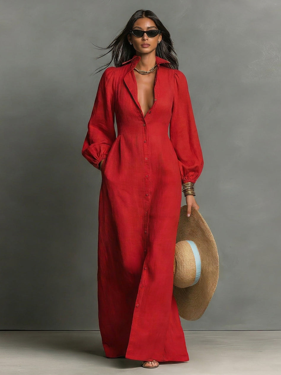 Women's Minimalist Single-breasted Long-sleeve Maxi Dress With A Fitted Waist