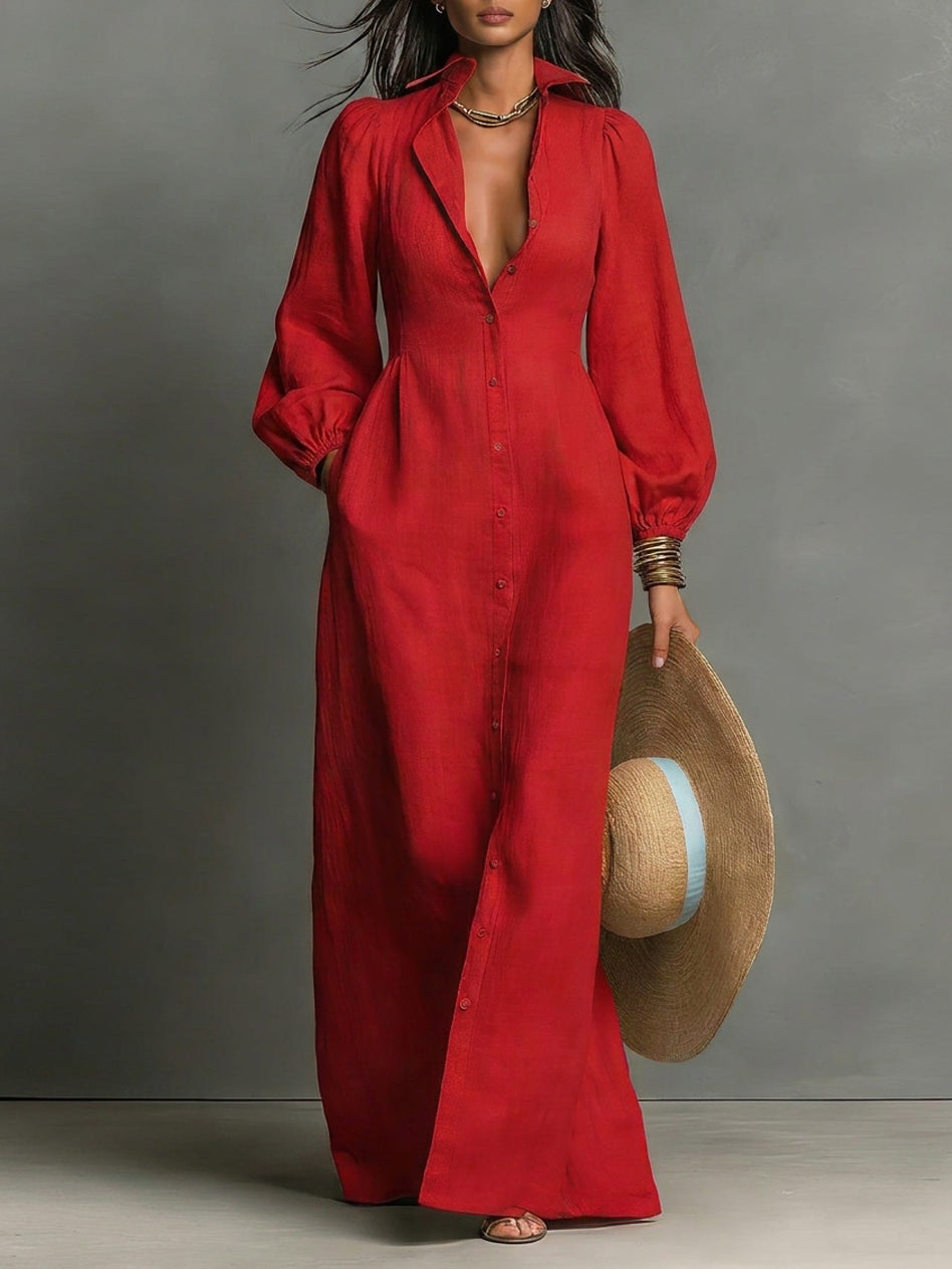 Women's Minimalist Single-breasted Long-sleeve Maxi Dress With A Fitted Waist