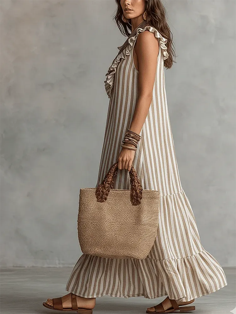 Retro Ruffled V-neck Striped Cotton-linen Dress