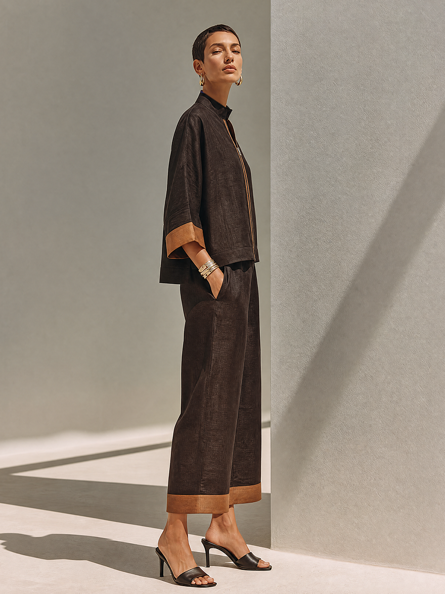 Women's Dark‑Brown Linen Fabric Stand‑Collared Zip‑Up Crop Top & Wide‑Leg Pants Set
