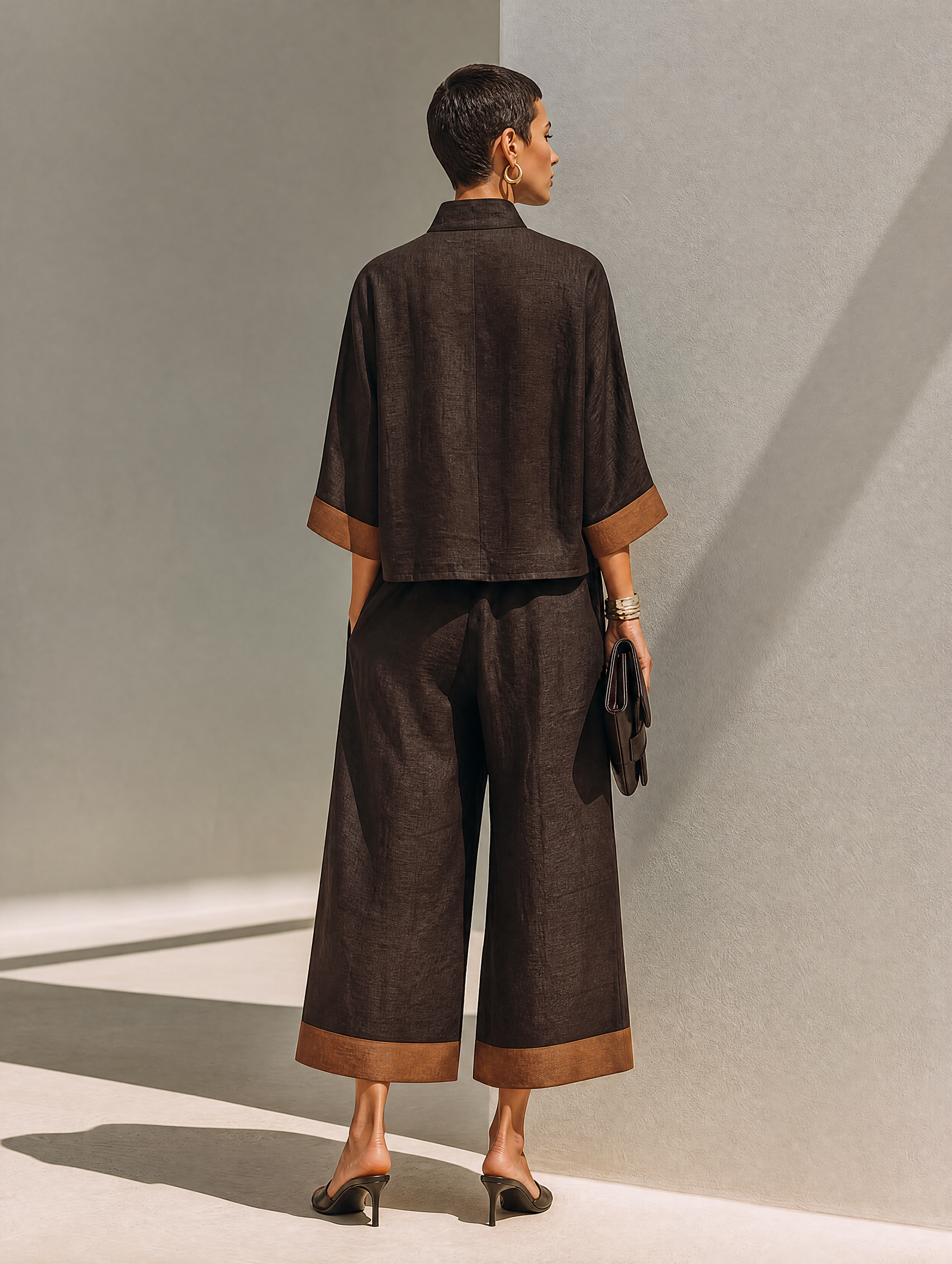 Women's Dark‑Brown Linen Fabric Stand‑Collared Zip‑Up Crop Top & Wide‑Leg Pants Set