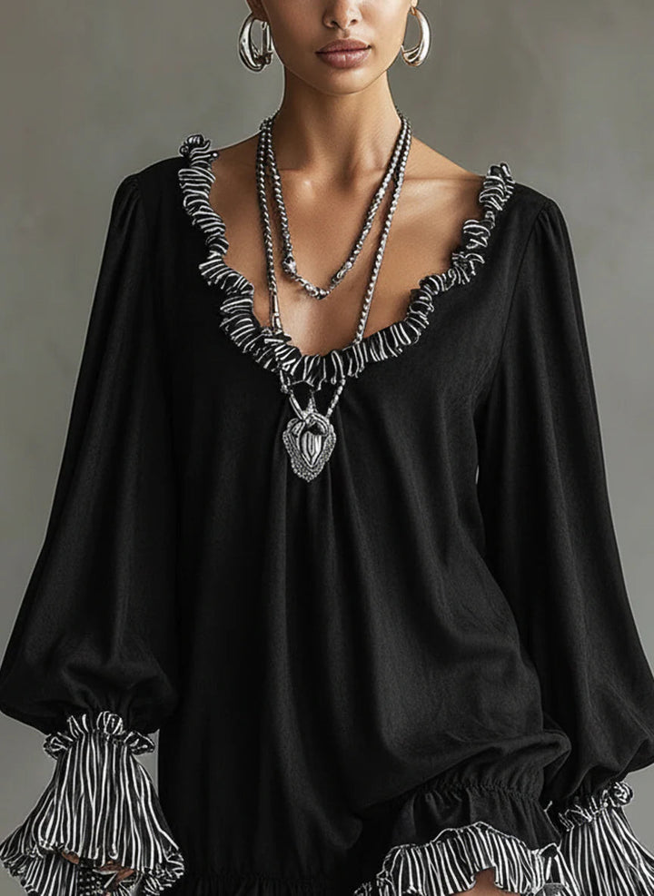 Elara™ – Suede-Look Ruffled Mini Dress with Striped Trim