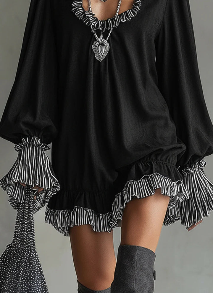 Elara™ – Suede-Look Ruffled Mini Dress with Striped Trim