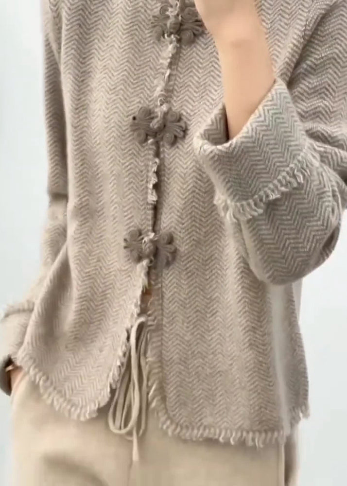 Liu - Manteau en tricot à col montant et boutons, manches longues, gris chameau clair