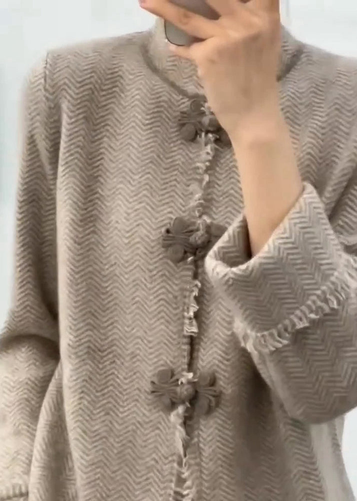 Liu - Manteau en tricot à col montant et boutons, manches longues, gris chameau clair