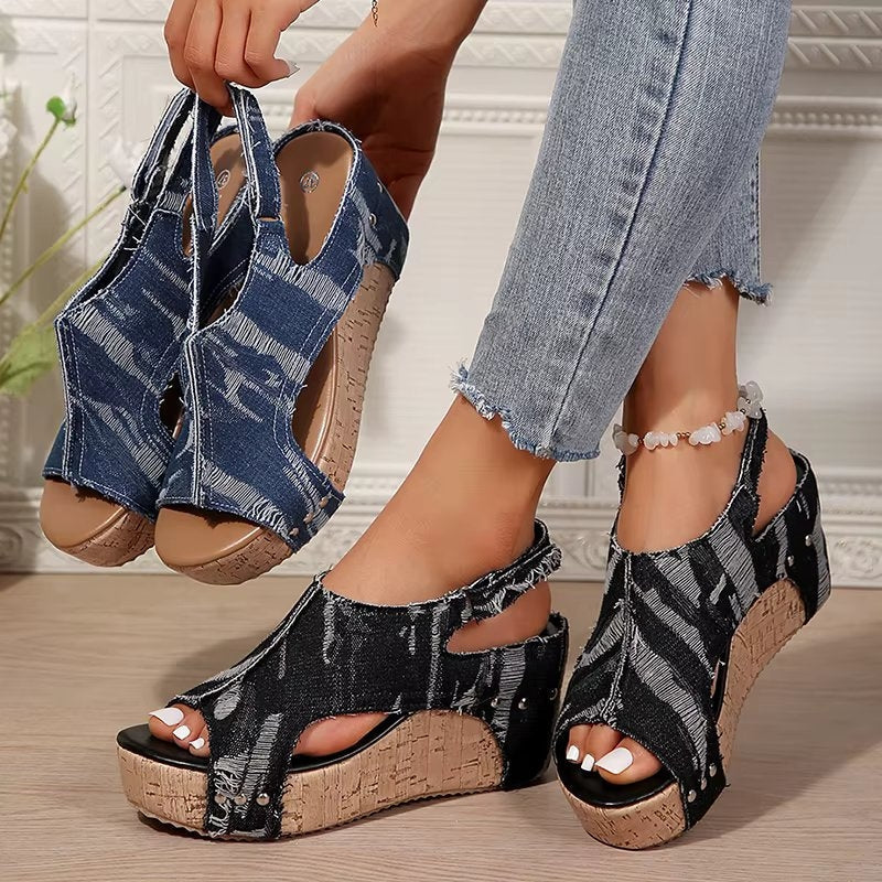 DenimLift – dámské džínové sandály na korkovém klínku