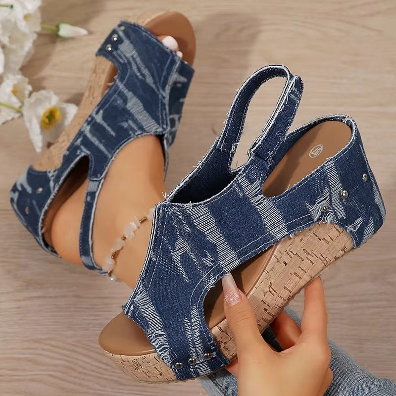 DenimLift – dámské džínové sandály na korkovém klínku