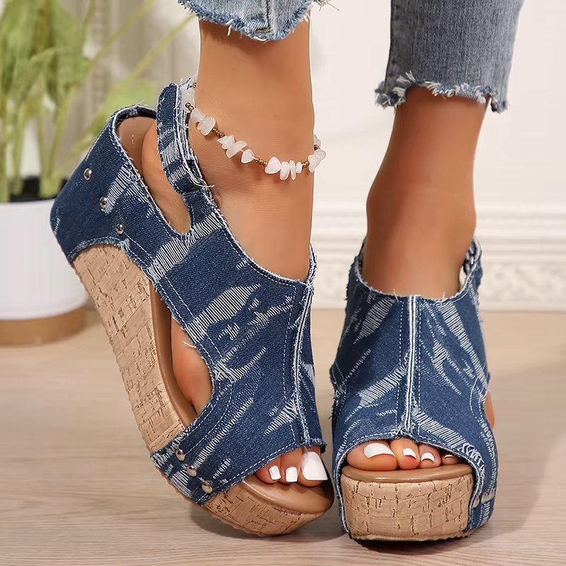 DenimLift – dámské džínové sandály na korkovém klínku