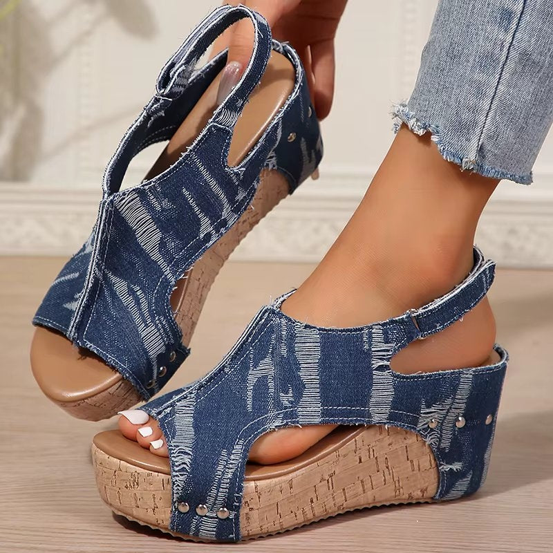 DenimLift – dámské džínové sandály na korkovém klínku