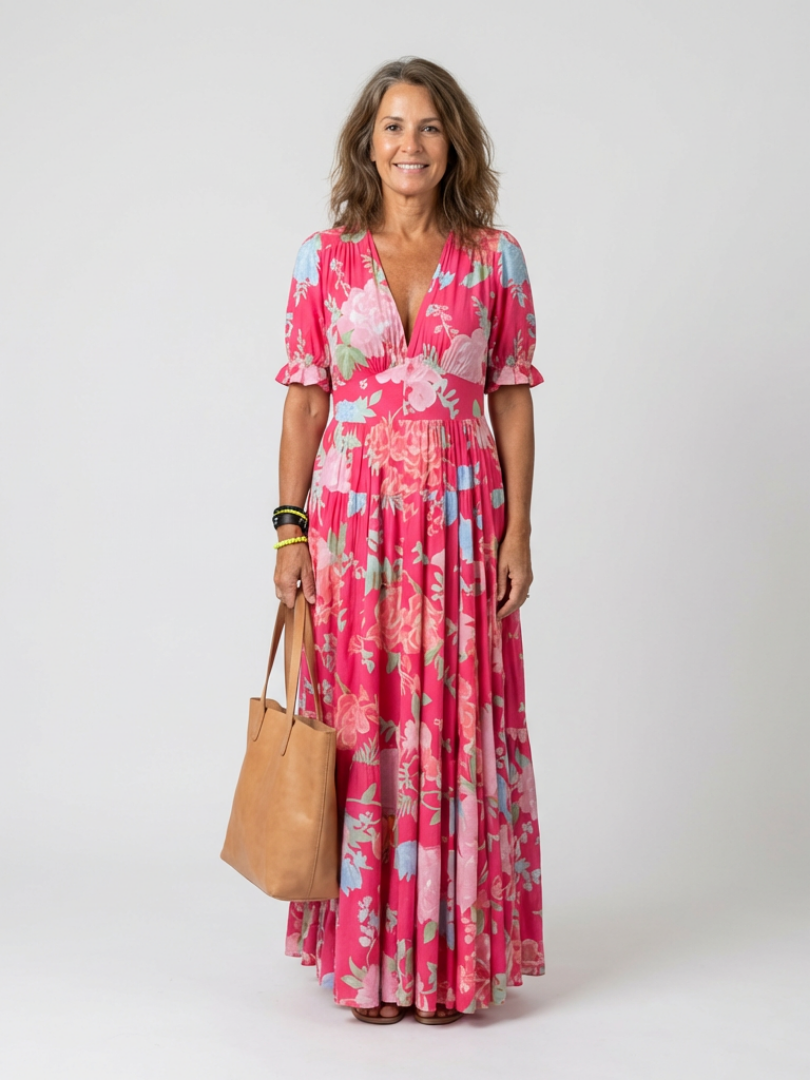 Ione | Robe midi fleurie à col en V et manches courtes