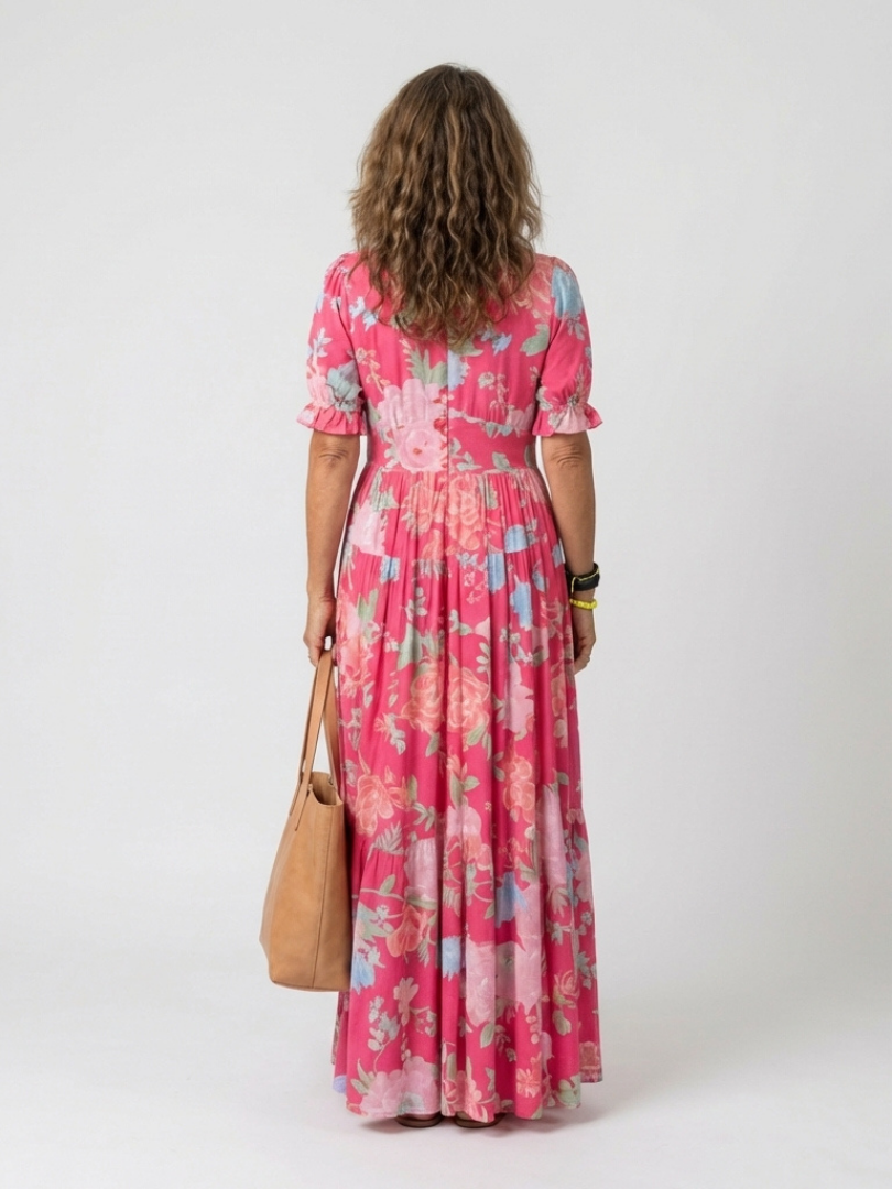 Ione | Robe midi fleurie à col en V et manches courtes