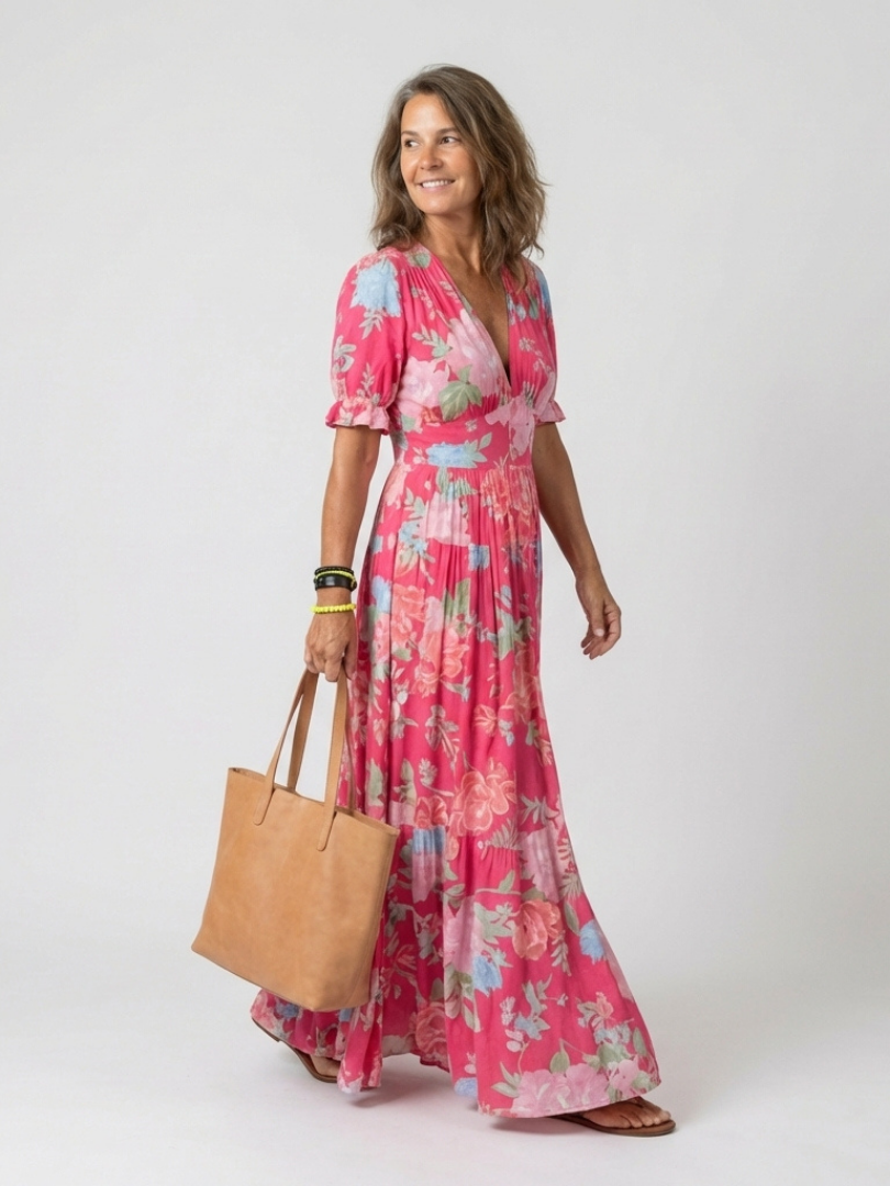 Ione | Robe midi fleurie à col en V et manches courtes