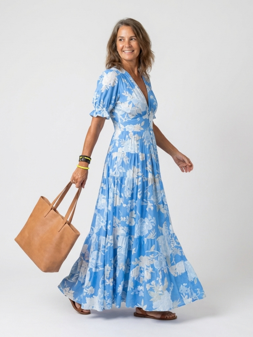 Ione | Robe midi fleurie à col en V et manches courtes