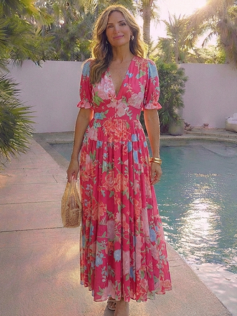 Ione | Robe midi fleurie à col en V et manches courtes