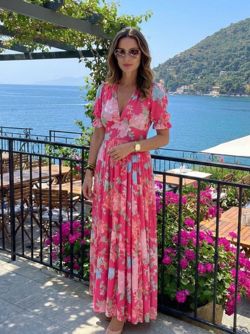 Ione | Robe midi fleurie à col en V et manches courtes