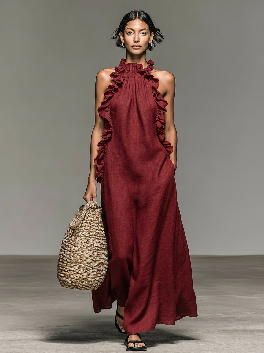 Women's Sleeveless Maxi Dress in Minimalist Linen Blend with Ruffle Details