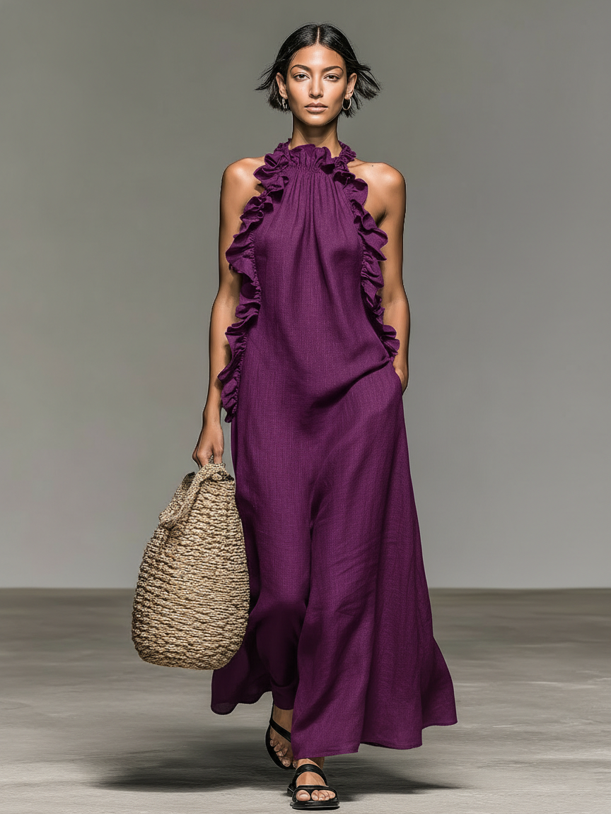 Women's Sleeveless Maxi Dress in Minimalist Linen Blend with Ruffle Details
