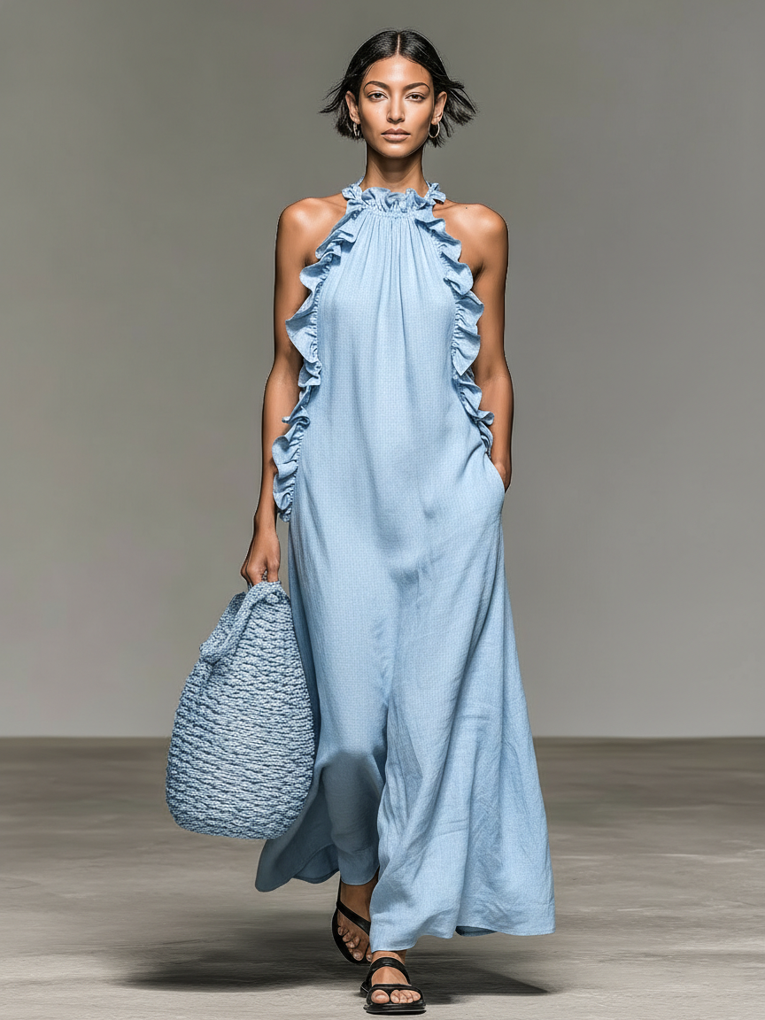 Women's Sleeveless Maxi Dress in Minimalist Linen Blend with Ruffle Details