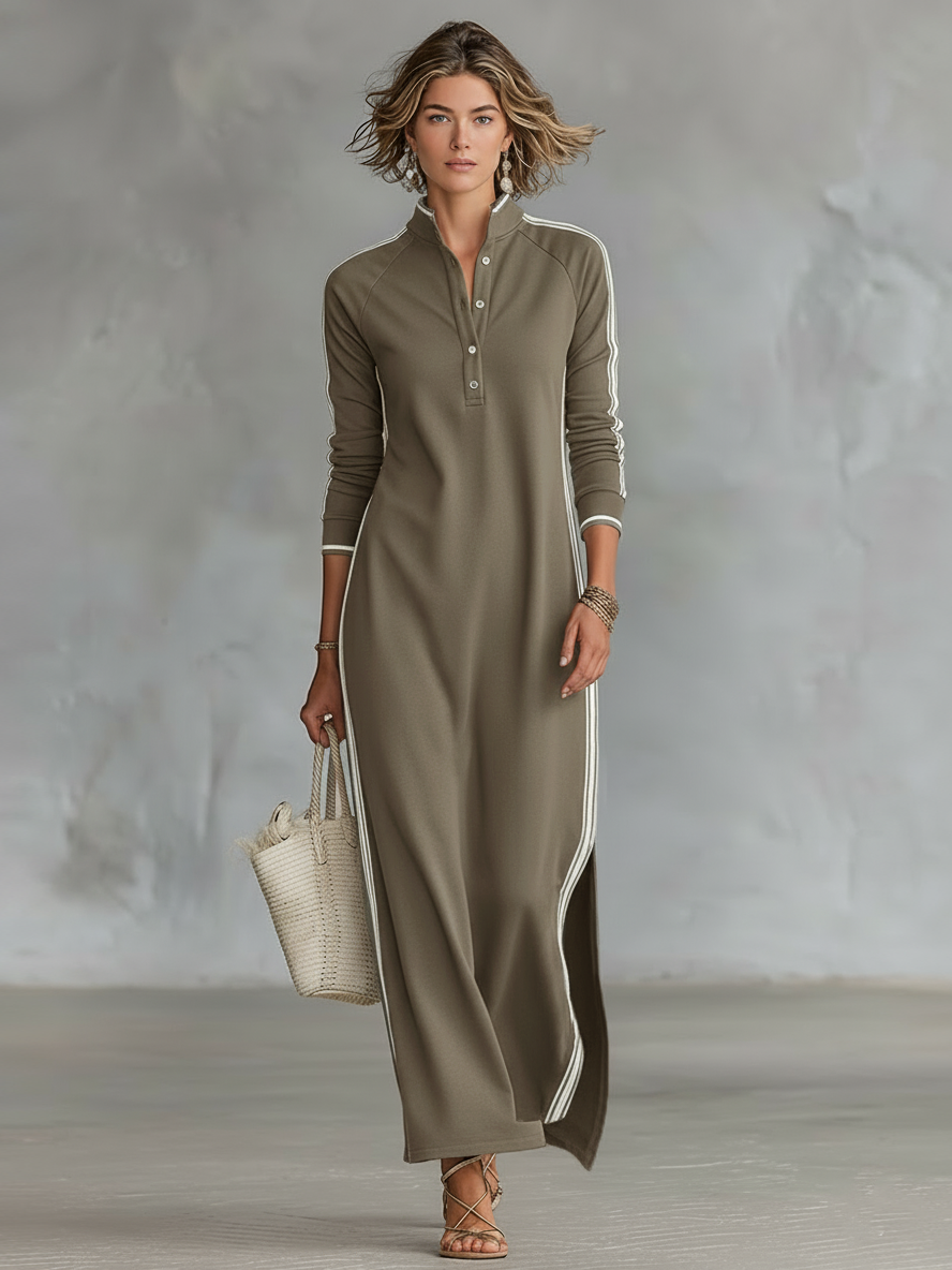 Women's Minimalist White-trimmed Button-down Collar Sweatshirt Maxi Dress