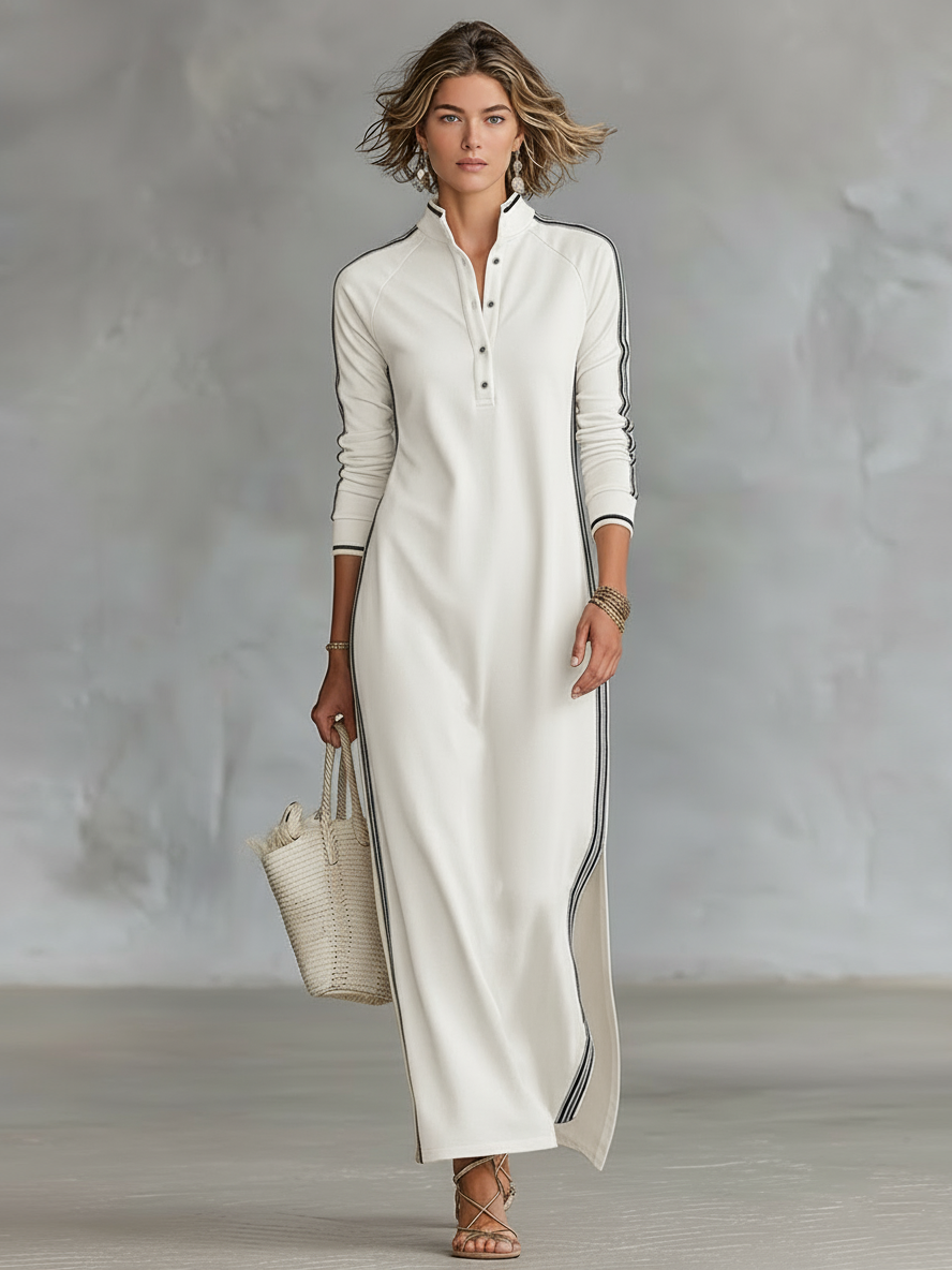 Women's Minimalist White-trimmed Button-down Collar Sweatshirt Maxi Dress