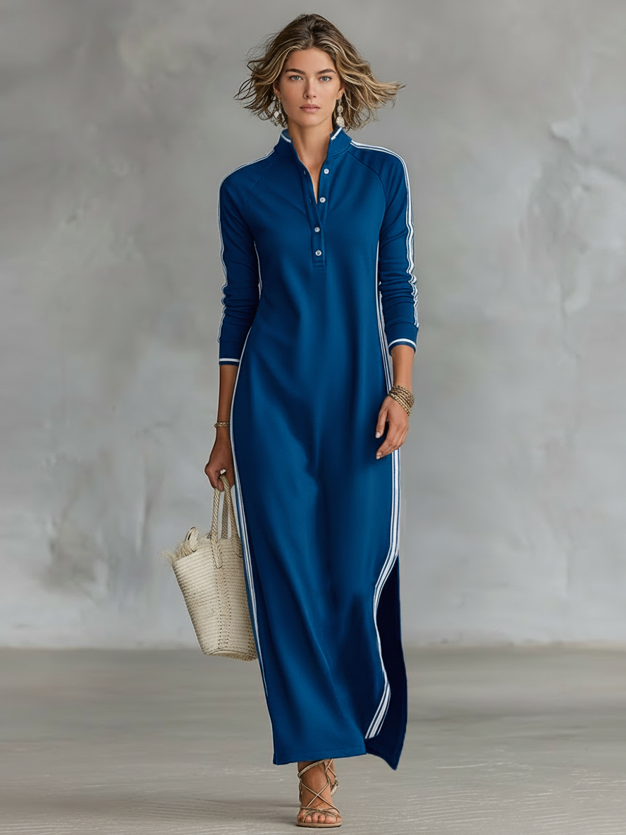 Women's Minimalist White-trimmed Button-down Collar Sweatshirt Maxi Dress