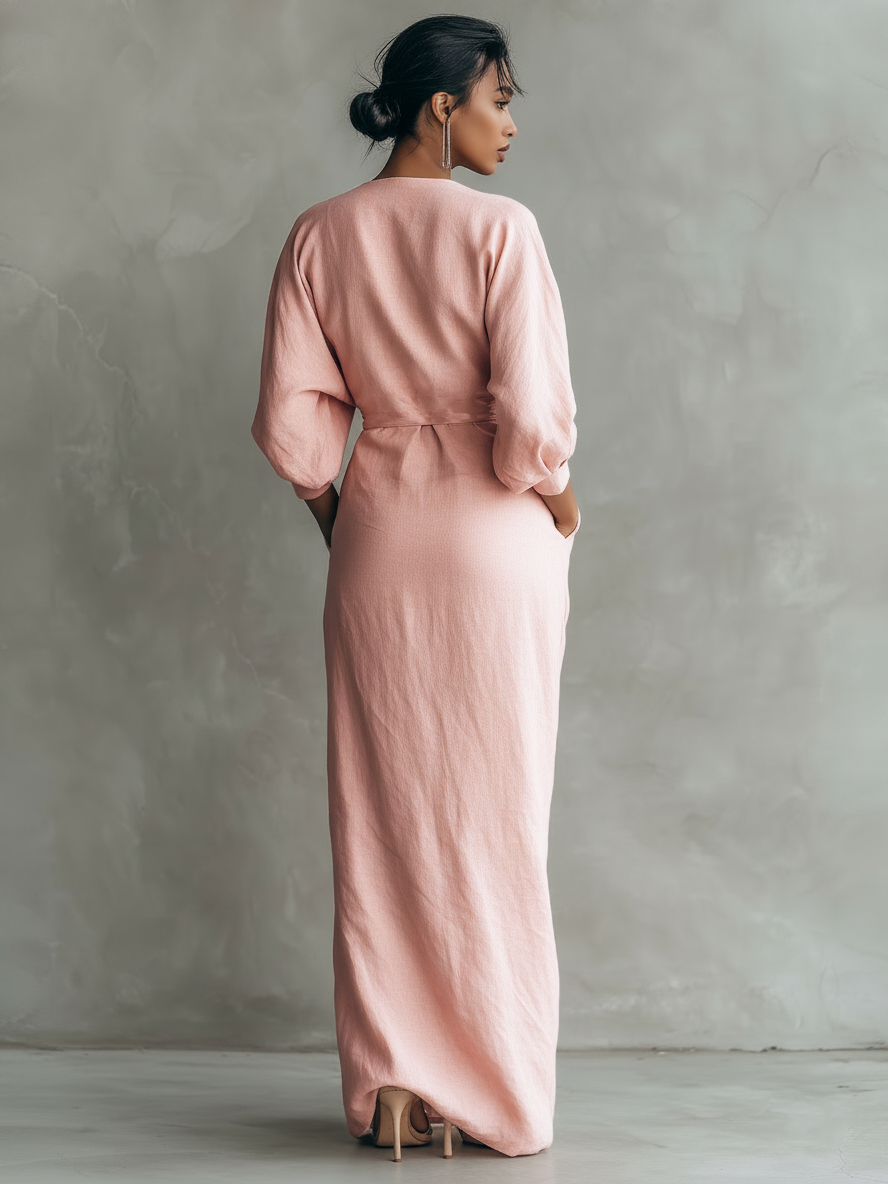 Women's  Pink Minimalist V-neck Linen Blend Maxi Dress