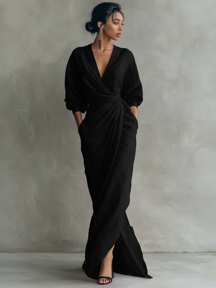 Women's  Pink Minimalist V-neck Linen Blend Maxi Dress