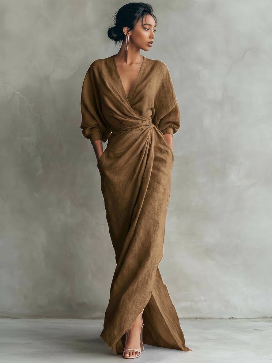 Women's  Pink Minimalist V-neck Linen Blend Maxi Dress