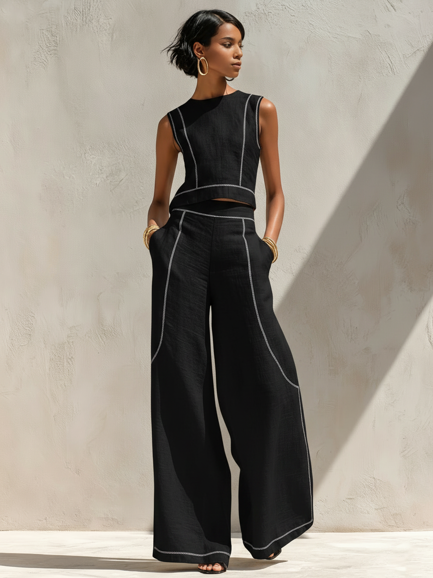 Women's Minimalist Linen-Blend Contrast-Stitched Blouse & Wide-Leg Pants Set