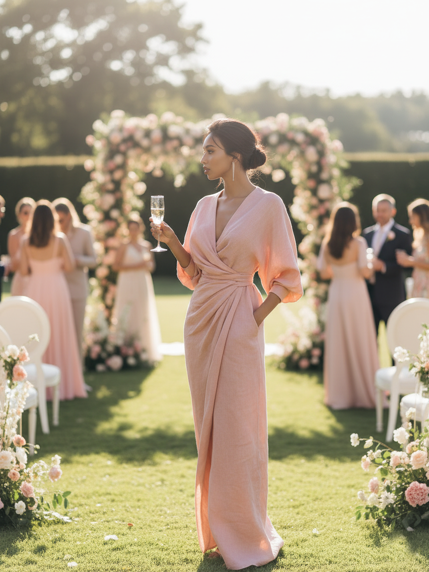 Women's  Pink Minimalist V-neck Linen Blend Maxi Dress