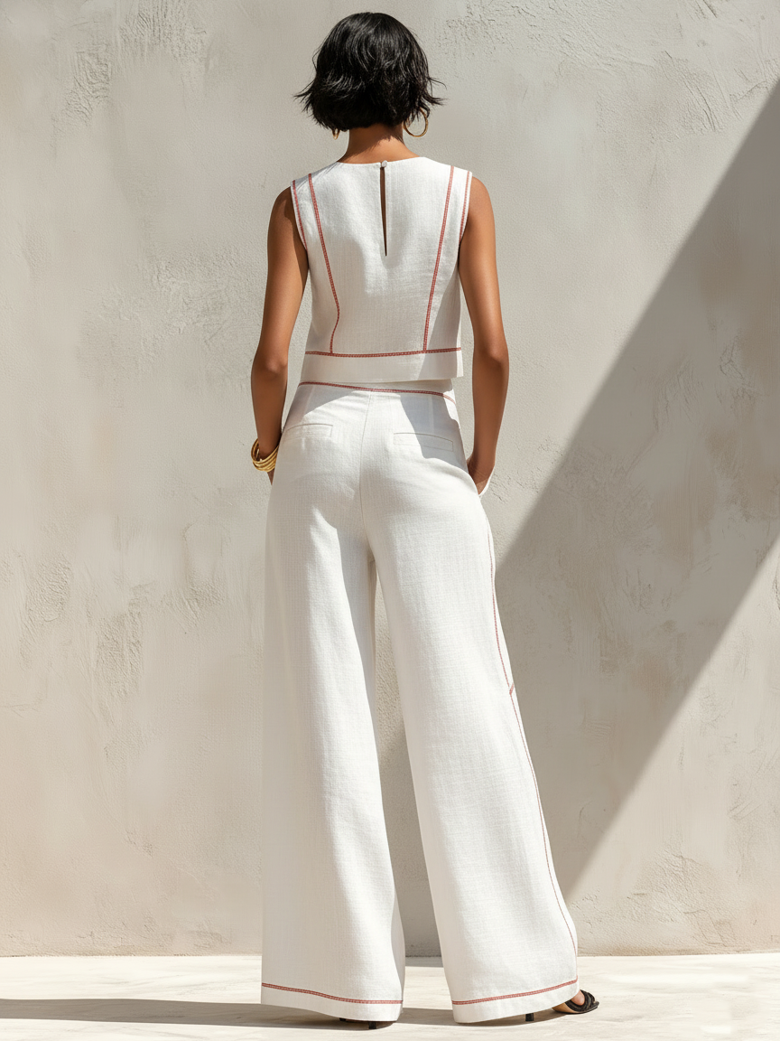 Women's Minimalist Linen-Blend Contrast-Stitched Blouse & Wide-Leg Pants Set